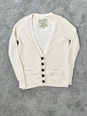 Jack Wills Chunky Knit Cardigan Cream Cotton Waffle Sz US4 UK8 Patch Pockets